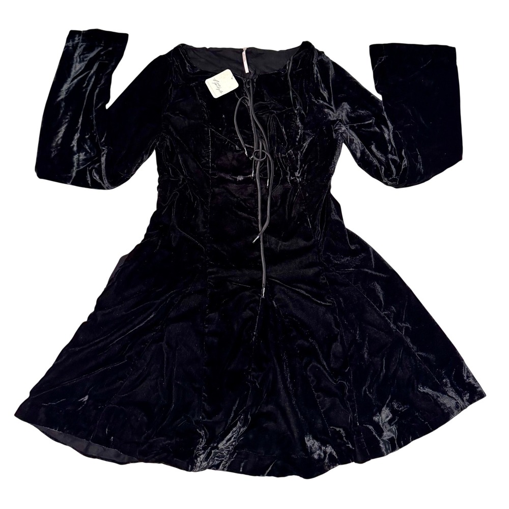 Free People Black Velvet Lace Up Mini Dress Long Sleeve Boho Size 2 OB102936333